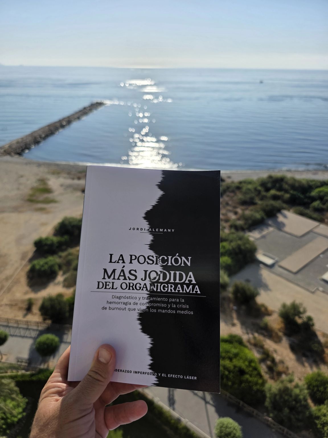 Fernando Rubio sujetando La Posición Más Jodida del Organigrama con el mar de fondo